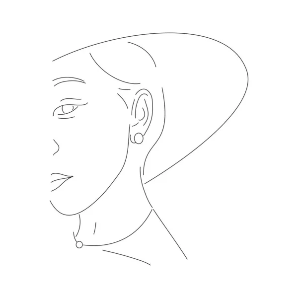 戴帽子的妇女线条肖像 一个带耳环的直线型女孩最小的手绘艺术 在白色上孤立的向量图 — 图库矢量图片