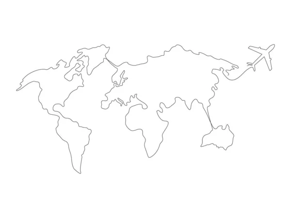 Carte Monde Avec Avion Volant Une Ligne Art Dessin Continu — Image vectorielle