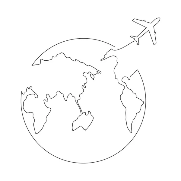 Mapa Del Mundo Con Avión Volador Una Línea Arte Dibujo — Vector de stock