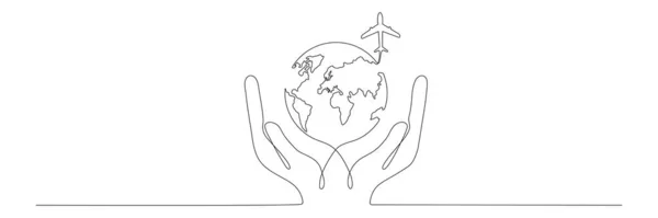 Lidské Ruce Držící Zemi Glóbus Létající Letadlo Kontinuální Kreslení Čáry — Stockový vektor
