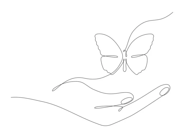 人类手握蝴蝶飞舞线艺术绘图 一行黄油飞昆虫 在白色上隔离的病媒 — 图库矢量图片