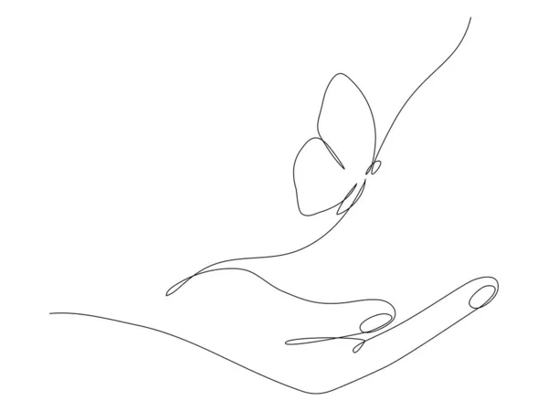 Человеческая Рука Держит Бабочку Летящую Непрерывной Линией Рисунка Насекомое Муха — стоковый вектор