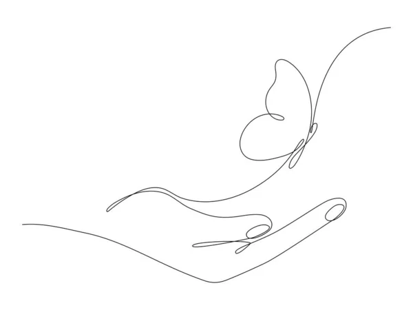 Människans Hand Håller Fjäril Flygande Kontinuerlig Linje Konst Ritning Linjeinsekt — Stock vektor