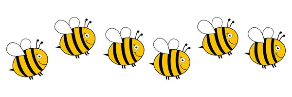 Bee Characters Happy Set Line Flying Cute Bees Vector Illustration — Vetor de Stock
