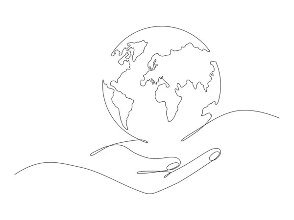 人类手牵着地球连续线条画 拯救地球的线性概念 在白色上孤立的向量图 — 图库矢量图片#