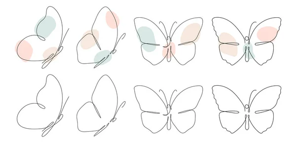 蝴蝶连续单行绘图集 线形艺术蝴蝶带着抽象的彩色彩绘图案集飞翔 在白色上隔离的病媒 — 图库矢量图片#