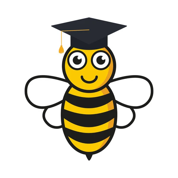戴着研究生帽的可爱的蜜蜂 飞行的学者蜜蜂 有一双善良的大眼睛 昆虫的教育性质 在白色上隔离的病媒 — 图库矢量图片#