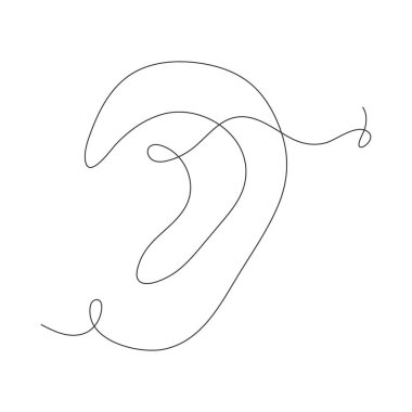 Kulağında sürekli bir çizgi var. El çizimi dış ses sembolü. Vektör illüstrasyonu beyazda izole edildi.