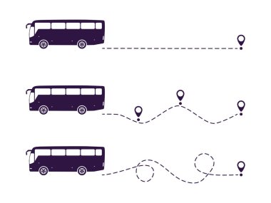 Başlangıç noktası belirlenmiş otobüs. Otobüs, harita pin grubuyla noktalı yolda gidiyor. Vektör beyazda izole edildi.