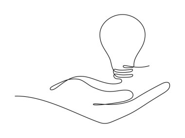 Elinde sürekli çizim yapan bir ampul var. Elektrikli lamba. Beyin fırtınası doğrusal sembolü. Vektör beyazda izole edildi.