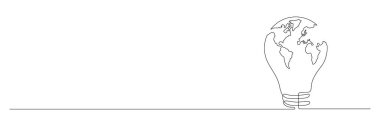 Dünya haritalı ampul aralıksız bir çizgi çizimi. Beyaz arkaplanda izole edilmiş vektör.