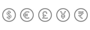 Dünya çizgisi sikkeleri simgesi seti. Uluslararası para sembolü koleksiyonu. Vektör beyazda izole edildi.