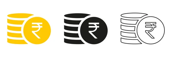Juego Iconos Pila Monedas Rupia Colección Símbolos Silueta Moneda India — Vector de stock