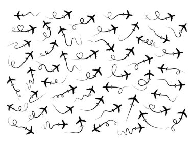 Airplane route in line path collection. Flying air plane set. Vector isolated on white.