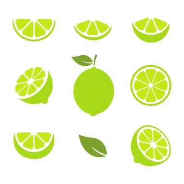 Lime slices set. Citrus green fruits collection. Vector illustration isolated on white.