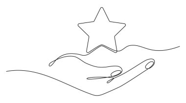 Hand holds star continuous line drawing. Human arms palms. Vector illustration isolated on white.