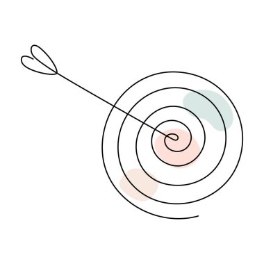 Target with arrow continuous line drawing. Hand drawn linear goal circle with pastel abstract shapes. Vector illustration isolated on white.
