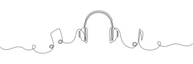 Headphones with music notes continuous one line drawing. Vector isolated on white.