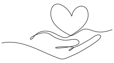 El ele tutuşan kalp sürekli bir çizgi çiziyor. Aşk konsepti. Vektör beyazda izole edildi.