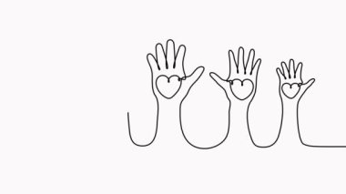 Sürekli bir çizgi çizerek aile eli tutarak kalpleri canlandıran video. Ebeveynler ve çocuklar konsepti severler. Gönüllü grup.