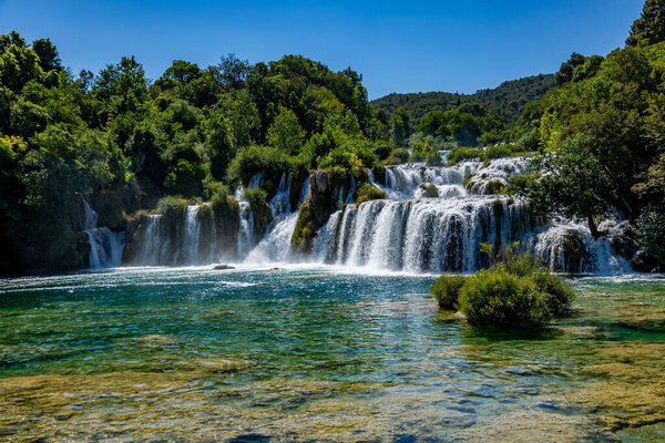 Beautiful landscape in the Krka National Park in Croatia. Natural Waterfalls. Natural wonders  