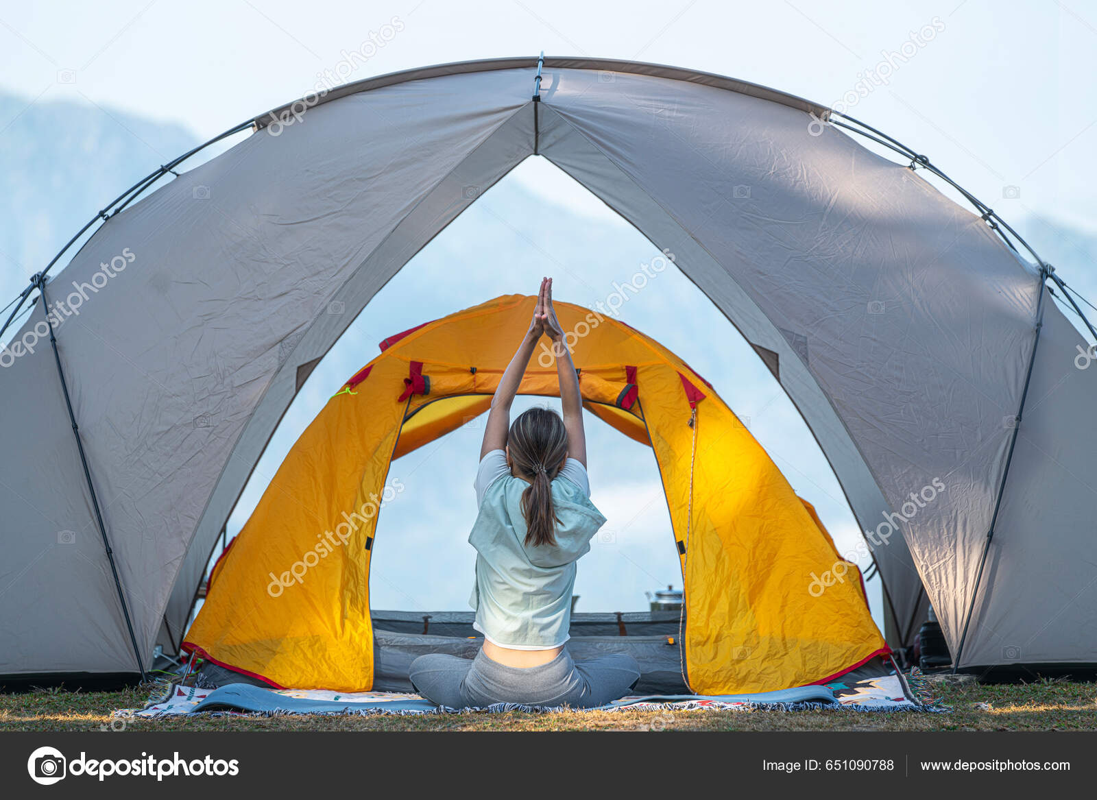 Asian Traveller Woman Post Yoga Tent Her Camping Mountain Outdoor