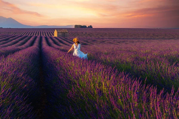 Kvinna Resenär Inom Lavendel Provence Med Ballong Bakgrund Frankrike — Stockfoto