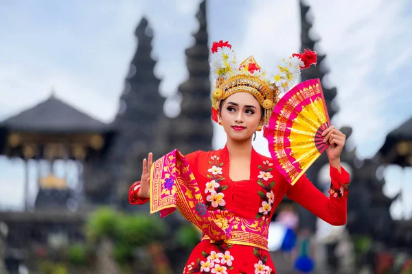 Menina Indonésia Com Dança Costumn Tradicional Templo Bali Indonésia — Fotografia de Stock
