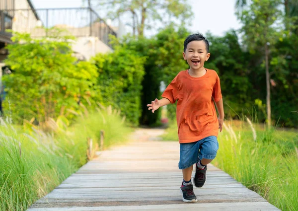 アジアの少年は緑の庭とバンコク市内の都市公園で芝生の上で木のおもちゃを再生します — ストック写真