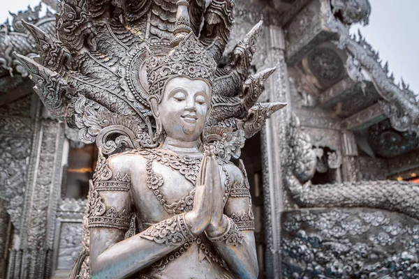 Asian Woman Traveller White Dress Travel Silver Church Wat Sri — Stock Photo, Image