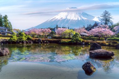 Tokyo, Japonya 'daki eski Japon köyündeki Fuji yama volkan dağının yansıması.