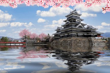 Tokyo 'da kiraz çiçekli Japon kalesi, mavi gökyüzü ve Tokyo, Japonya' da nehir kentinde bir kale refleksi.