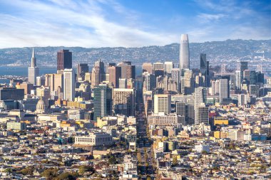 San Francisco skyline panorama. Aerial view of downtown San Francisco. Downtown San Francisco aerial view of skyscrapers