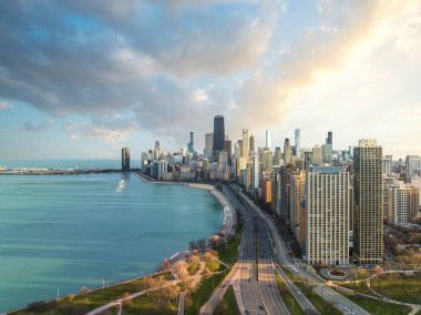 Chicago Skyline gökdelenlerinin şehir manzarası ve deniz limanı, eski renkler, Michigan, Chicago, ABD