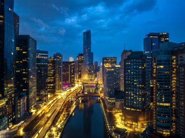 Chicago Skyline gökdelenlerinin şehir manzarası ve deniz limanı, eski renkler, Michigan, Chicago, ABD