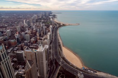 Chicago Skyline gökdelenlerinin şehir manzarası ve deniz limanı, eski renkler, Michigan, Chicago, ABD