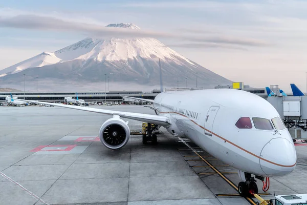 Airplaine Passagier Stop Baan Van Heneda International Airport Met Fuji — Stockfoto