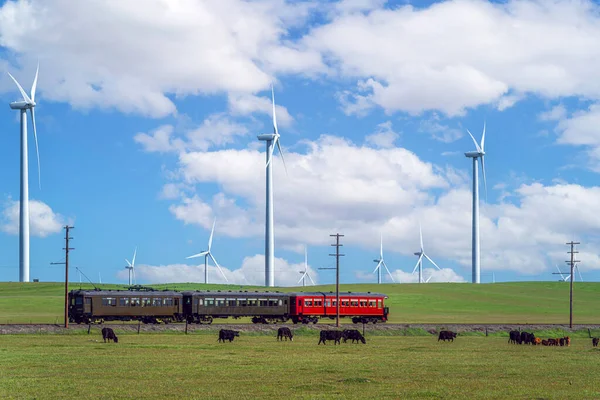Train for travel wind power pland and caw farm with blue sky and turbine power in San francisco, California