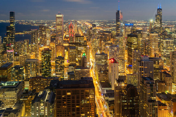Chicago building city view from observation deck high level with sunset sky, cityscape of Michihan, USA, United states of america