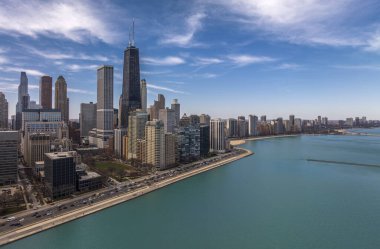 Chicago Skyline gökdelenlerinin şehir manzarası ve deniz limanı, eski renkler, Michigan, Chicago, ABD