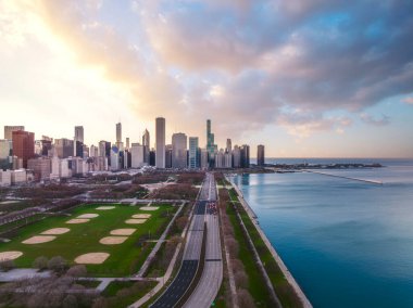 Chicago Skyline gökdelenlerinin şehir manzarası ve deniz limanı, eski renkler, Michigan, Chicago, ABD