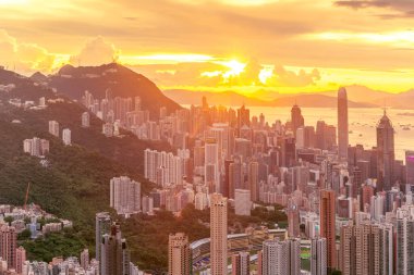 Hong Kong şehri için gün batımı ve Victoria dağı, Hong Kong, Çin