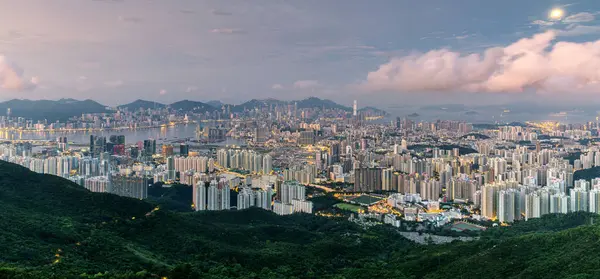 Paesaggio Urbano Città Hong Kong Con Metà Notte All Alba — Foto Stock