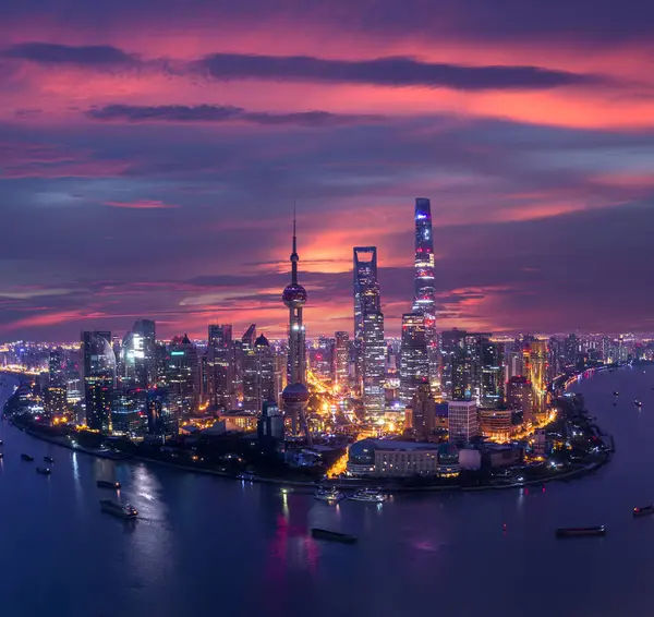Shanghai Stad Van Bovenaf Bekijken Met Rivier Ochtend Lucht Achtergrond Stockfoto