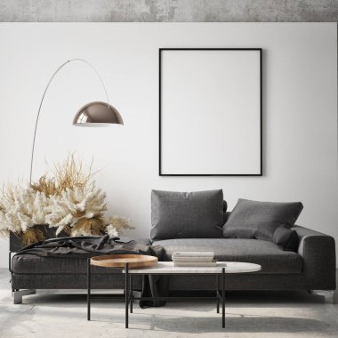 Modern iç arkaplan, iç mekan, oturma odası, modern tarz, 3D çizim, 3D resim