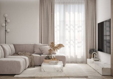 Mutfak ve yemek odası olan modern bir oturma odası tasarımı. Çağdaş tasarımı olan lüks bir apartman. Duvar modeli. 3B görüntüleme, 3B illüstrasyon.