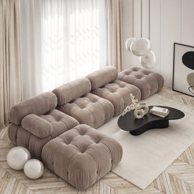 Mutfak ve yemek odası olan modern bir oturma odası tasarımı. Çağdaş tasarımı olan lüks bir apartman. Duvar modeli. 3B görüntüleme, 3B illüstrasyon.