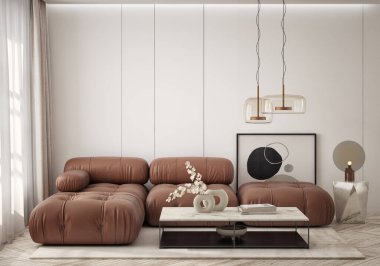 Mutfak ve yemek odası olan modern bir oturma odası tasarımı. Çağdaş tasarımı olan lüks bir apartman. Duvar modeli. 3B görüntüleme, 3B illüstrasyon.