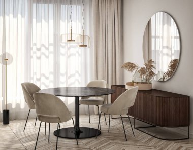 Mutfak ve yemek odası olan modern bir oturma odası tasarımı. Çağdaş tasarımı olan lüks bir apartman. Duvar modeli. 3B görüntüleme, 3B illüstrasyon.