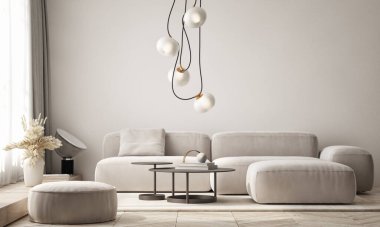 Mutfak ve yemek odası olan modern bir oturma odası tasarımı. Çağdaş tasarımı olan lüks bir apartman. Duvar modeli. 3B görüntüleme, 3B illüstrasyon.